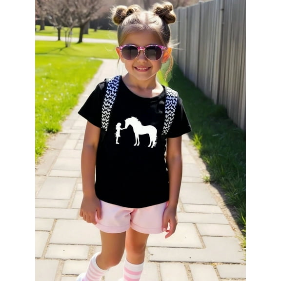 Horse And Little Girl Print Summer Graphic T-shirts for Outdoor Sports and Daily Wearing, Young Girls T-Shirts, Size from 3-13Y