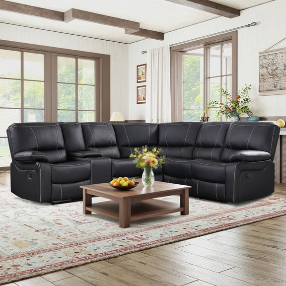 Bonzy Home Living Room Furniture Set Faux Leather 5 Seater Reclining Sofa Set Loveseat with Center Console, Hidden Storage & Dual Cup Holders Black