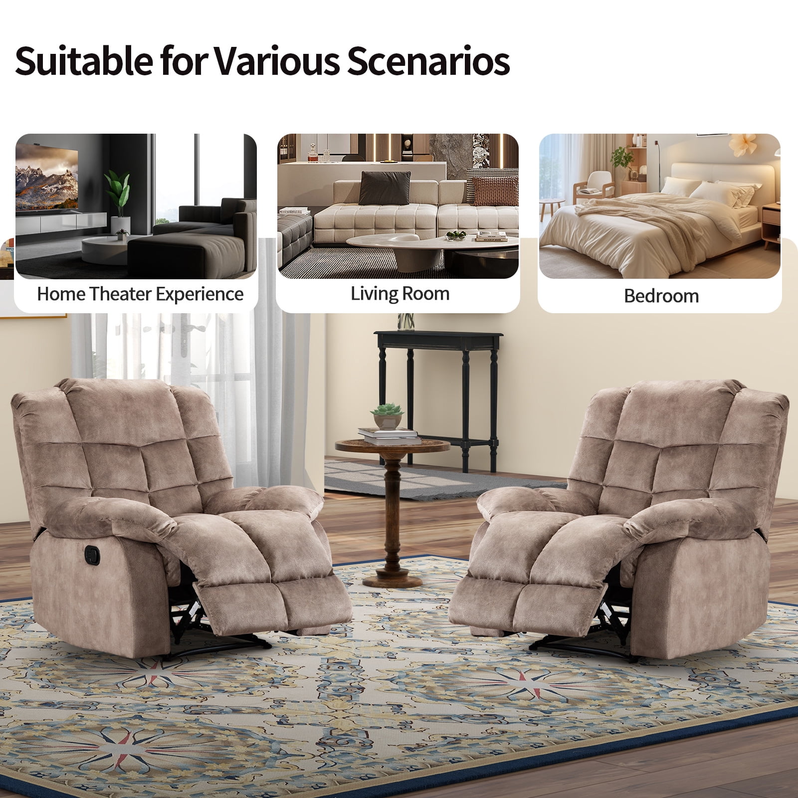Bonzy Home Recliner Chairs Set of 2 for Living Room Manual Reclining Chair Single Sofa for Bedroom, Camel