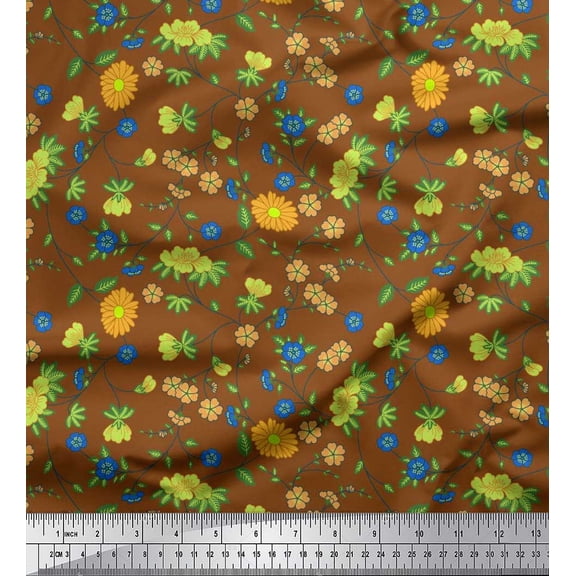 Soimoi Brown Cotton Duck Fabric Leaves,Aster & Floral Printed Fabric 1 Yard 42 Inch Wide