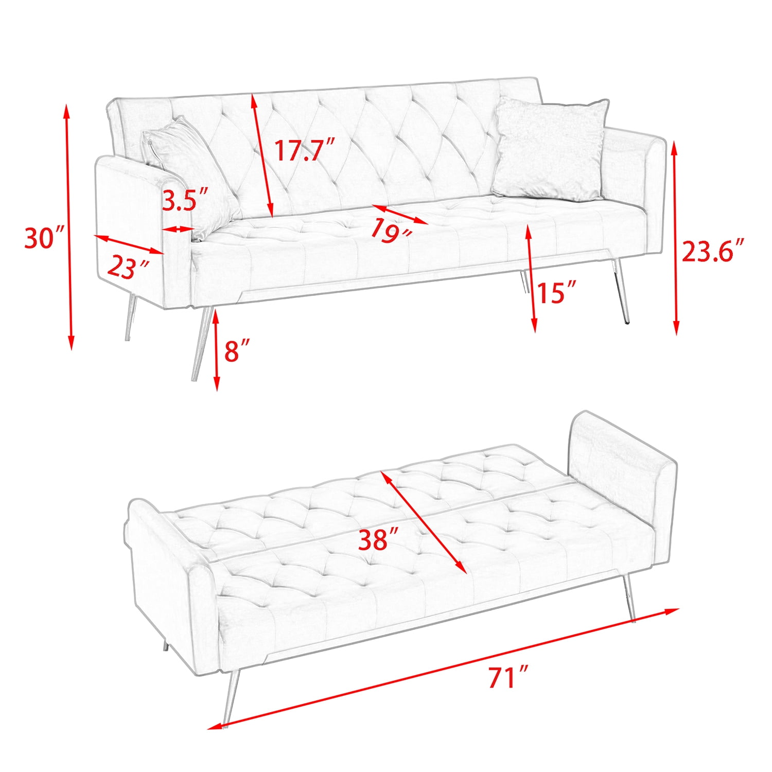 Kadyn 71" Futon Couch, Convertible Double Sofa Bed for Compact Living Space, Modern Velvet Futon Sofa Bed for Living Room, Pink