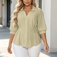 thumbnail image 2 of Oversized Lapel Collar Shirts For Womens Liweisiy 3/4 Puff Sleeve Tunic Wrinkle Waist Blouse Button Down Trendy Plus Size Tops Beige 5XL, 2 of 8