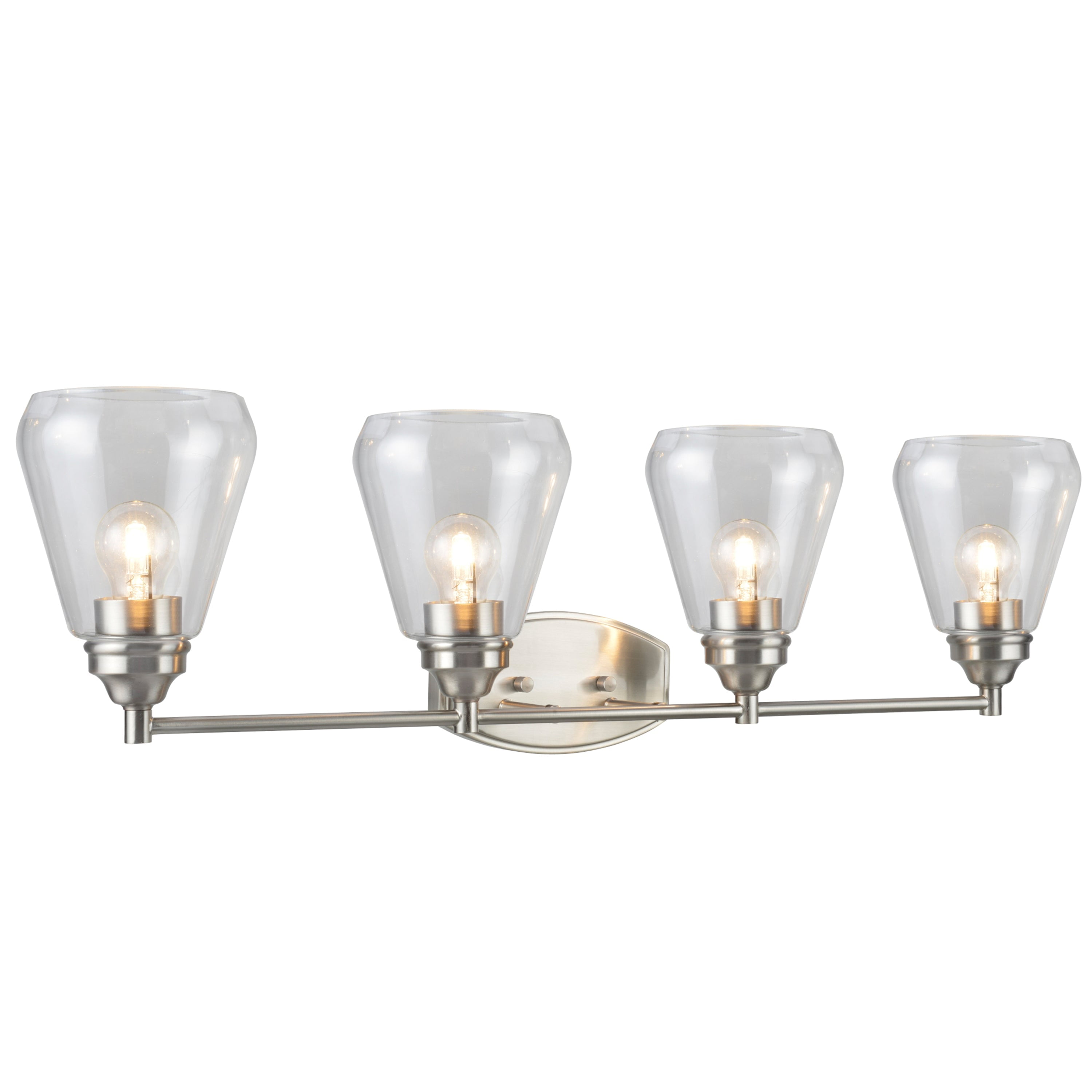 Satin Nickel Four-Light Bathroom Vanity Fixture with Clear Glass Shades