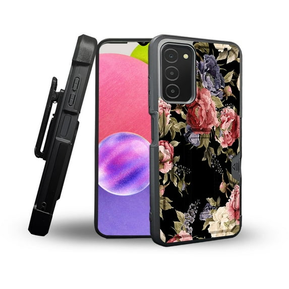 ANJ+ Rugged Shockproof Holster Case Card Slot Kickstand + Tempered Glass Cover for Samsung Galaxy A03s - Alluring Flowers