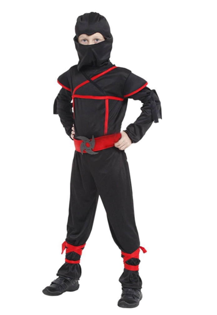 Boys Stealth Ninja Action Costume Set w Jumpsuit Hood Belt Strap