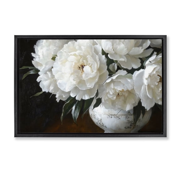 Stupell Industries Victorian White Flowers in Vintage Vase Black Floating Frame Canvas Art, 25 x 17, by Petals Prints Design