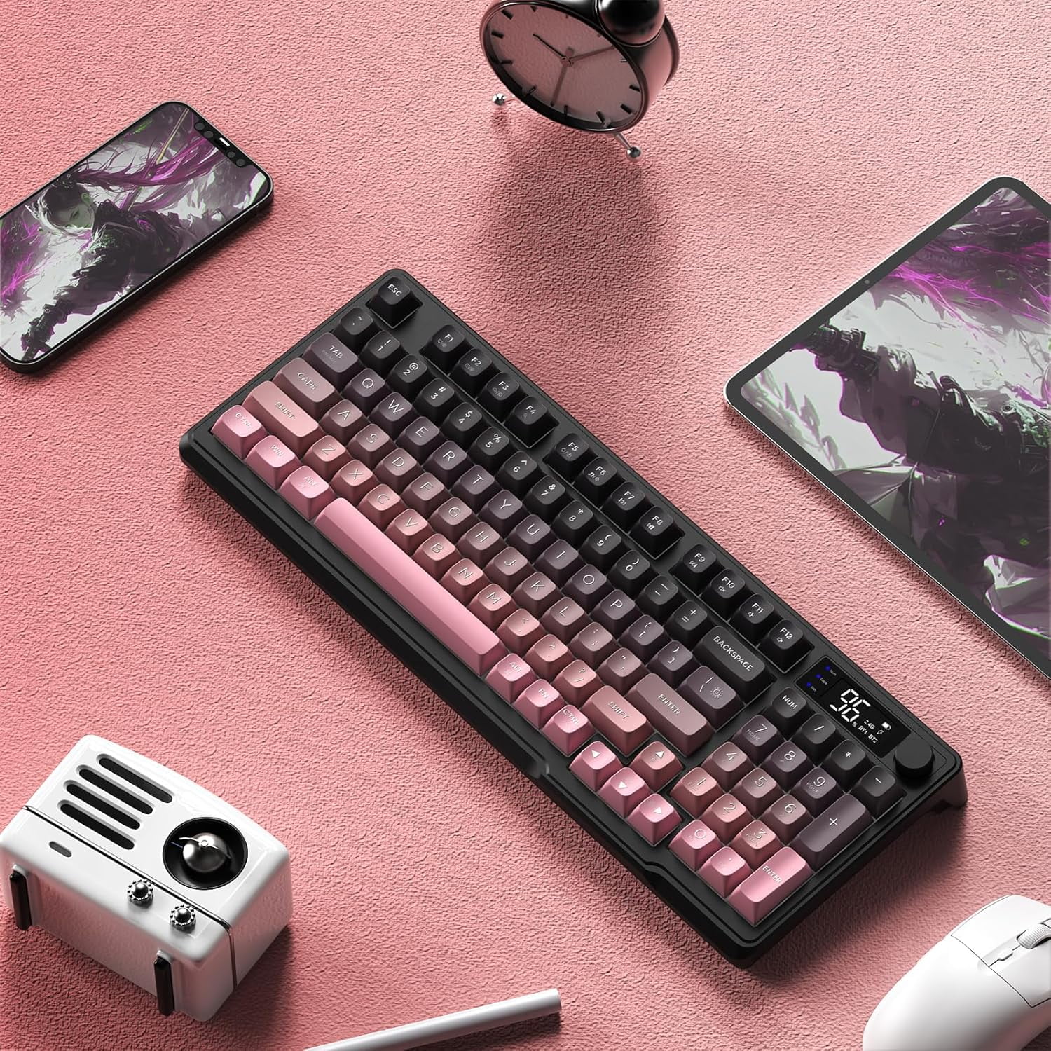 FREEWOLF M96 Wireless Gaming Keyboard Creamy Membrane with Rainbow Backlight,Media Knob,LCD Screen,Dual Mode-Bluetooth/2.4Ghz,Ball Shape PBT Keycap 94 Key...