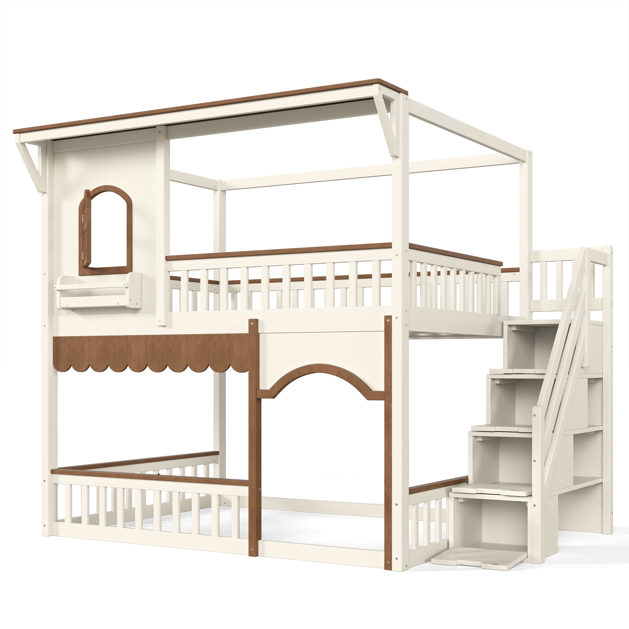 HOQBN Full over Full House Bunk Bed with Storage Stairs, House Bunk Bed with Window & Side Bookshelf, Solid Wood Bed Frame with Play Designed, Convertible Lower Space for Sleep or Play, Beige+Natural