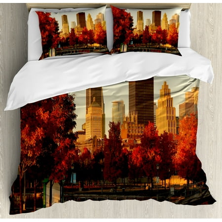 Bedding Montreal City Duvet Cover Set, Old Port of Montreal Early in the Morning Scenic Autumn Trees Buildings Canada, Decorative Bedding Set with Pillow Shams, Red Orange Brown, by Ambesonne ()
