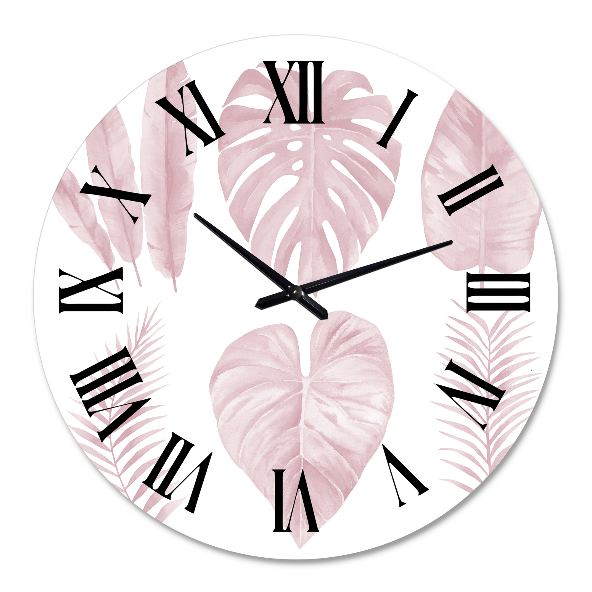 Designart Tropical Pink Watercolour Leaves 1 in Wall Clock
