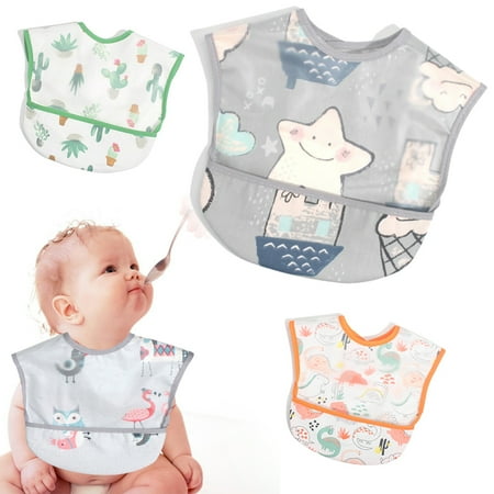 

EASTIN 1-3 Years Old Baby Washable Stain Junior Bib 3 pcs Waterproof Short Sleeve Toddler Bib Dinosaurs Owl Potted pattern Odor Resistant baby Smock Bib