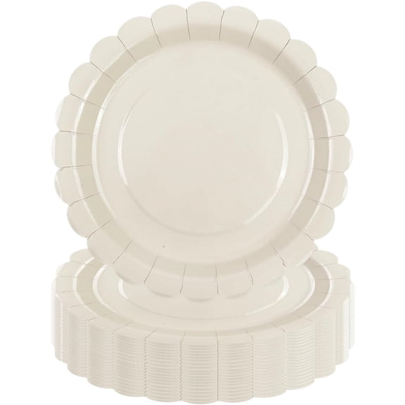 25 Pcs Ivory Paper Plates 7 Inch, Cream Scalloped Paper Plates Disposable Cake Dessert Dinner Plate for Birthday Wedding Party Decorative Supplies (Ivory White, 7 INCH)