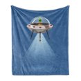 thumbnail image 1 of Alien Soft Flannel Fleece Throw Blanket, Flying UFO with a Green Creature Waving Extraterrestrial Cartoon Style, Cozy Plush for Indoor and Outdoor Use, 50" x 70", Dark Violet Multicolor, by Ambesonne, 1 of 5