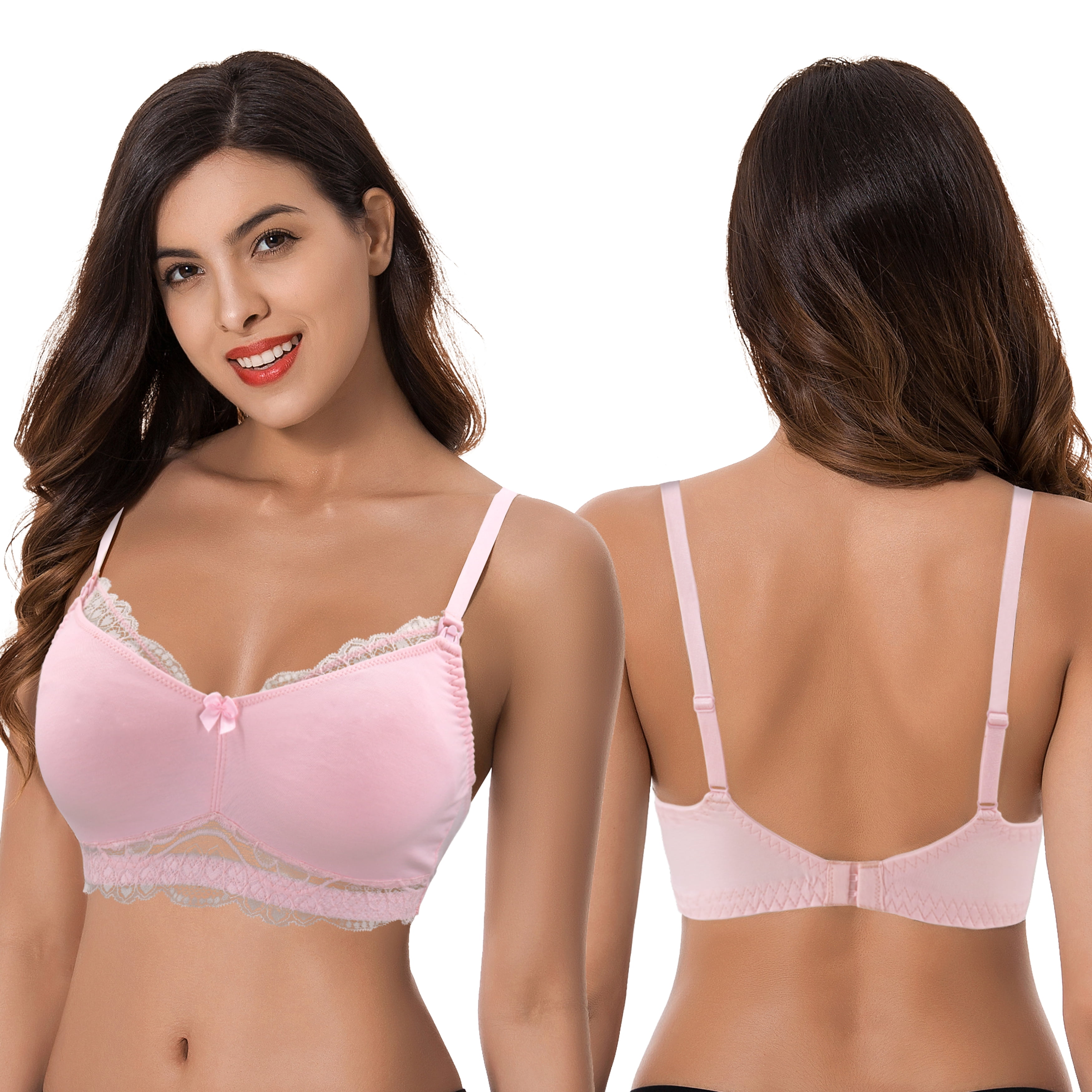 Curve Muse Plus Size Nursing Cotton Unlined Wirefree Bra With Lace Trim-2 PK-LIGHT PINK,SLATE-46DD