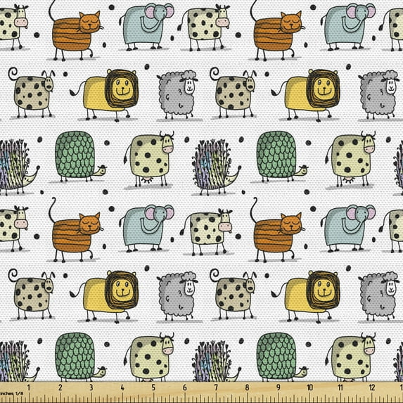 Animal Fabric by the Yard, Colorful and Whimsical Layout of Various Creatures Polka Dotted Funny Elements, Decorative Upholstery Fabric for Sofas and Home Accents, Multicolor by Ambesonne