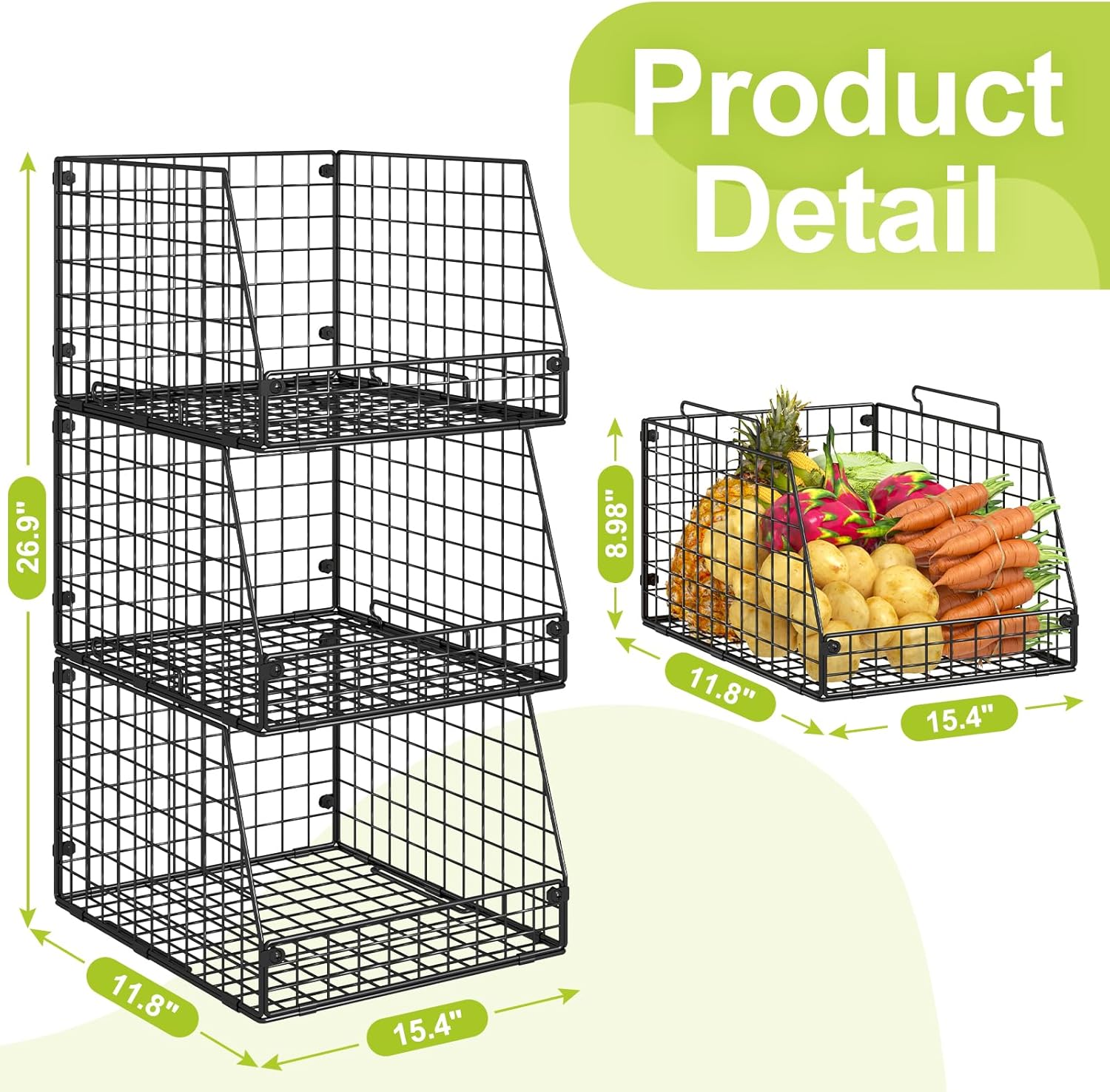 X-COSRACK 3-Pack XXL Stackable Wire Baskets, Foldable Metal Pantry Organizers & Storage Bins for Potato, Onion and Fruit, Black