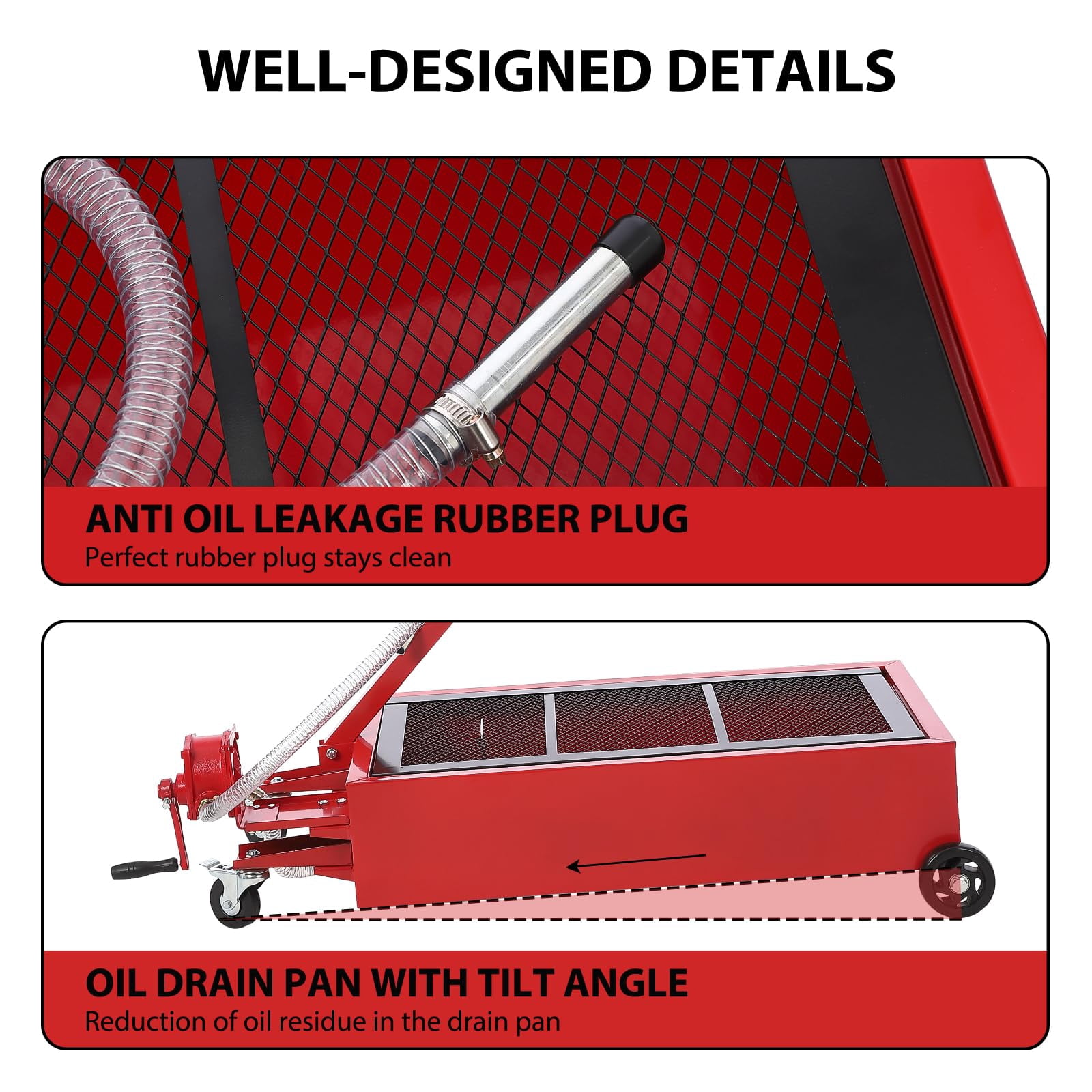 20 gal Oil Drain Pan Oil Drain Tank, 76 L Low Profile Oil Drain Pan, Large Capacity Oil Change Pan with Manual Pump & T Foldable Hand and Wheels, 8 ft Hose Oil Drain Cart for Car, SUV, Trucks