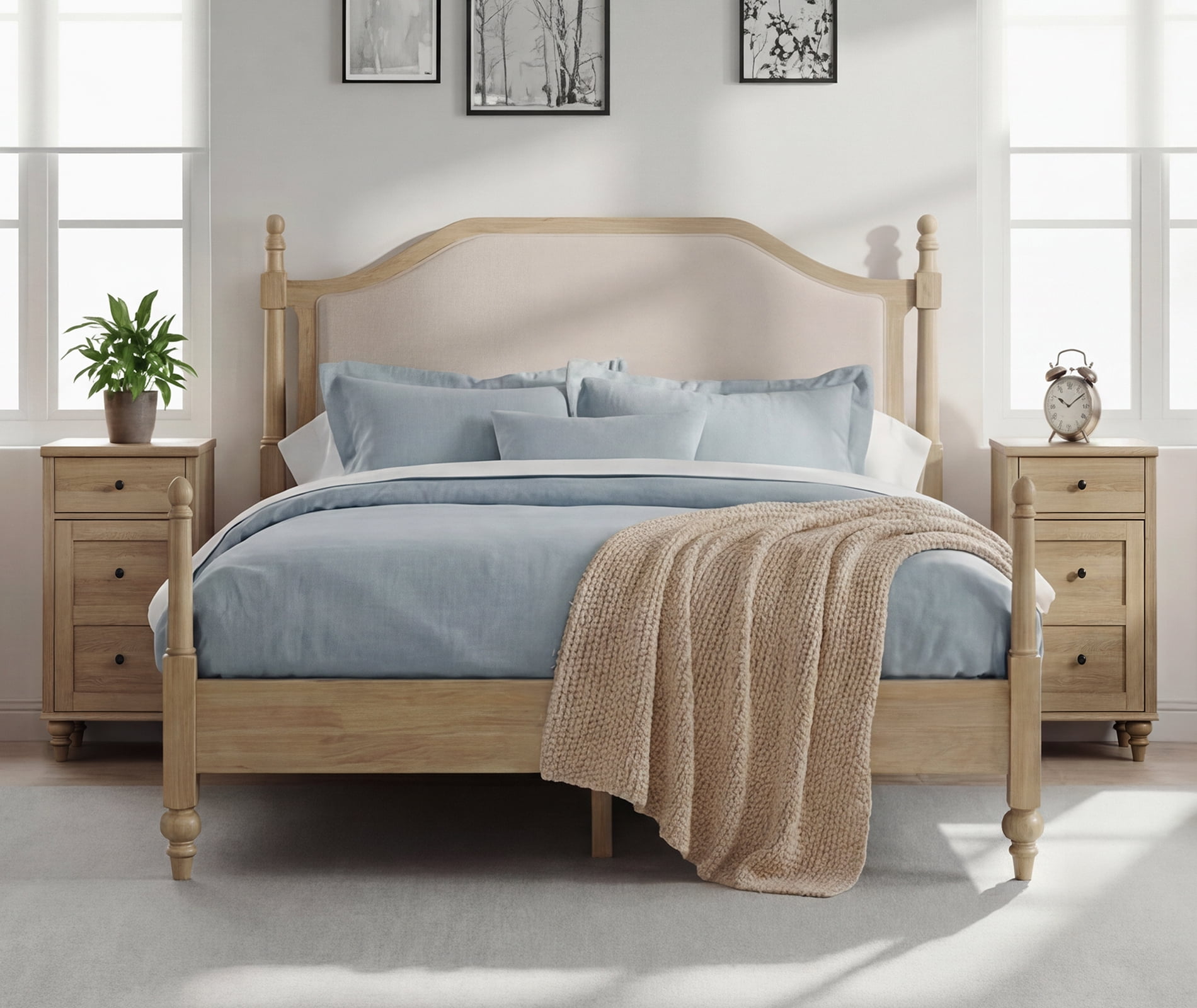 3 Pieces Bedroom Set, Queen Size Wood Platform Bed Frame with Upholstered Headboard & 2 Nightstands with Power Outlets & USB Ports, Modern Bedroom Furniture, Oak