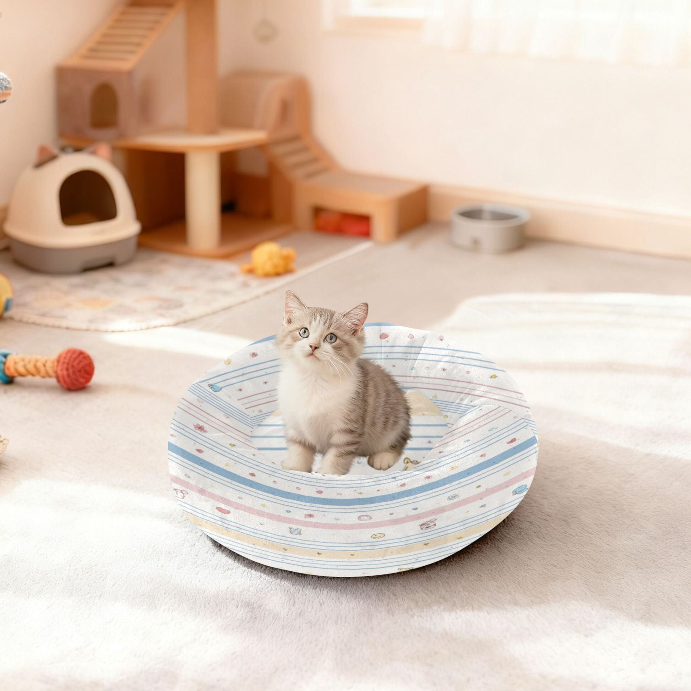 Iauyy Pet Couch Donut Cat Bed for Indoor Cats/Small Dogs Washable & Machine with Non-slip Bottom Calming Cat Furniture, Retro Stripes (S)