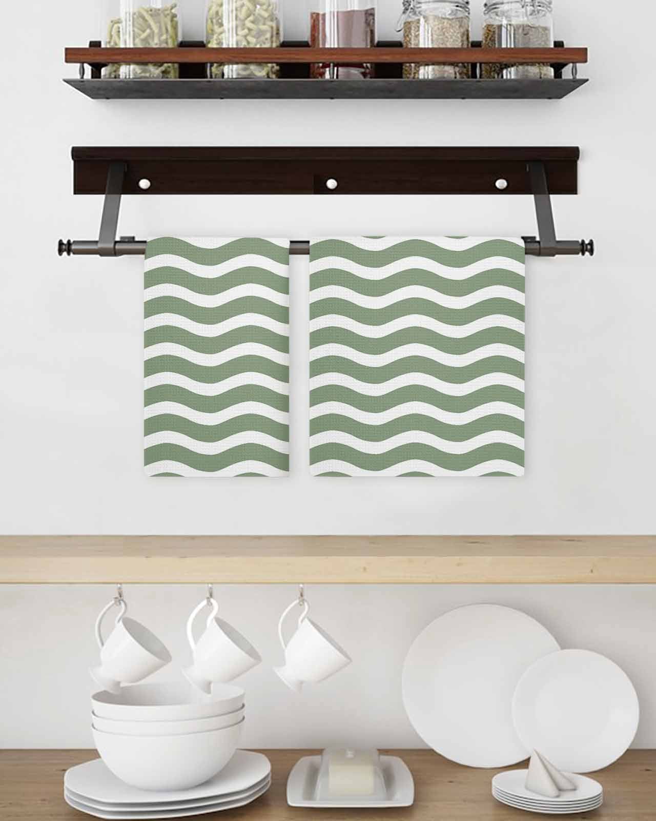 Sage Green Striped Kitchen Dish Towels for Drying Dishes Set of 3, Modern Waves Abstract Water Ripple Waffle Weave Microfiber Terry Hand Tea Bathroom Towels Quick Dry & Absorbent Towel 15.7x23.6