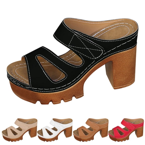 Modstep Chunky Heels Sandals for Women 2026 Dressy Arch Support Comfortable Platform Wedge Slide Sandal for Summer Vacation size 6.5 Beige