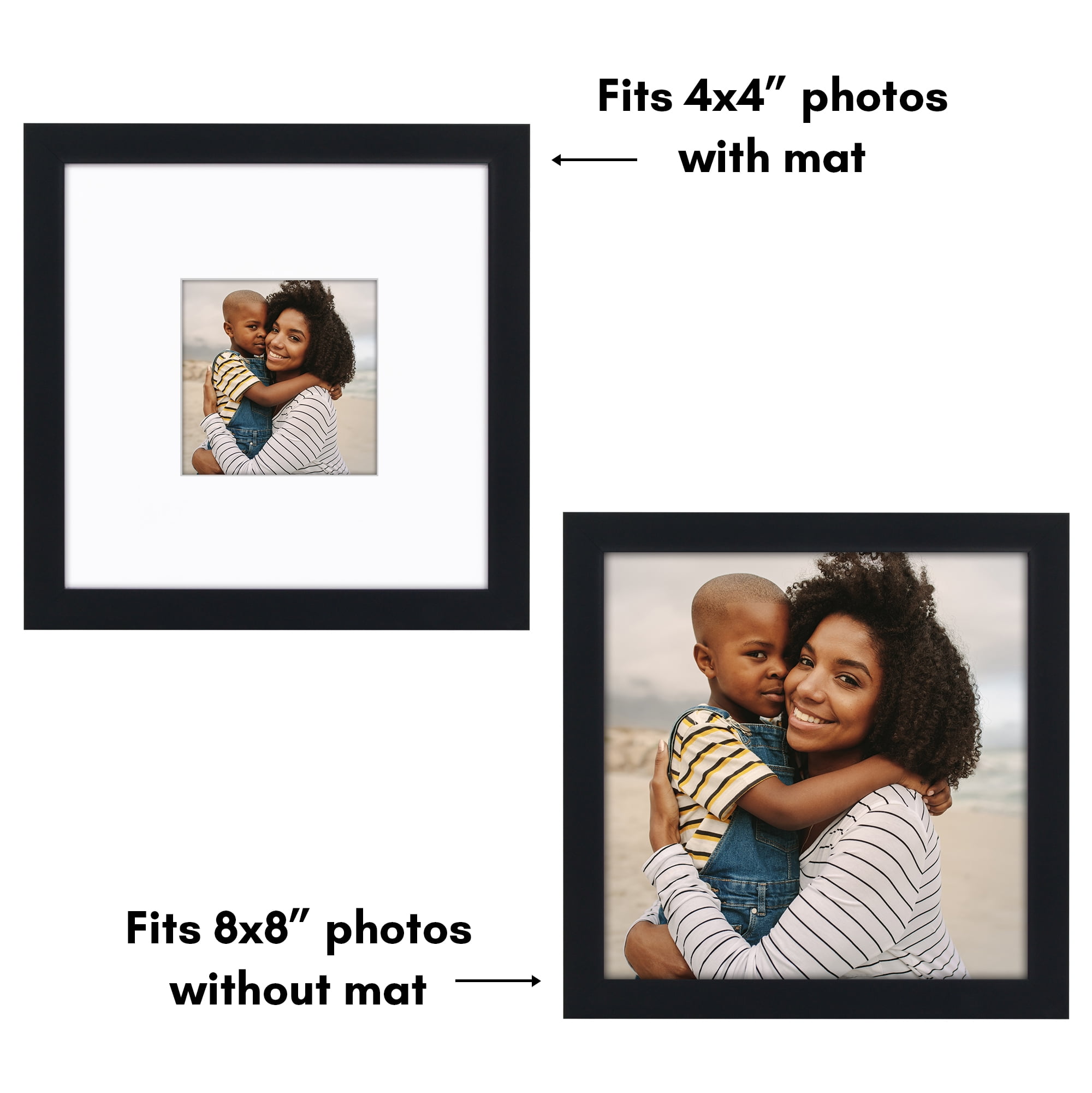 Americanflat 8x8 Picture Frame with Shatter-Resistant Glass with 4x4 Mat Display Photo Soho Collection - Black