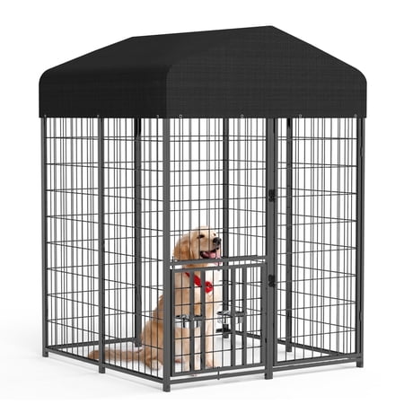 Suchown 4' x 4' x 5.6' Heavy Duty Dog Kennel Outdoor - Welded Wire Puppy Training Pen with Roof Cover & Rotating Feeders - Secure Walk-In Enclosure