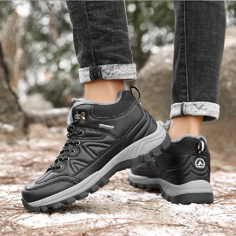 Mens Hiking Snow Boots Padded Warm Cotton Shoes Non-slip Lightweight Sneakers Waterproof Fur Lined Bare Boots Black 7.5 UK