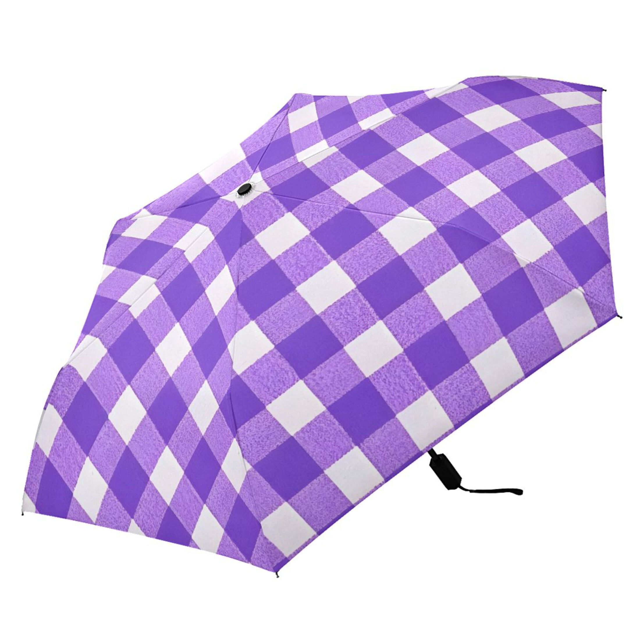 ALAZA Purple Checkered Grid UPF 50+ Compact Folding Umbrella for Rain Travel Umbrella Packable