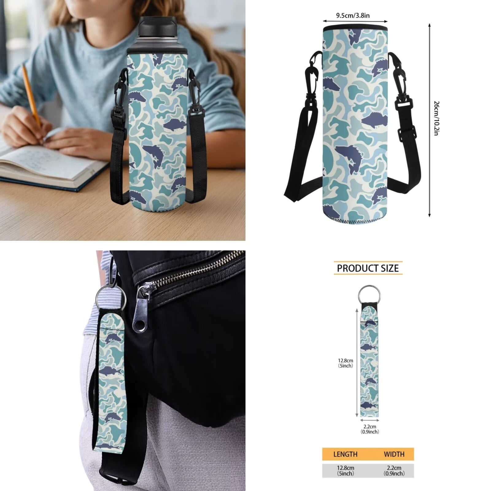 Pzuqiu Blue Fish Camo Lightweight 5 Piece Girls Backpack Set with Insulated Lunch Box Water Bottle Holder Pencil Case for Elementary Kindergarten Girls Ages 6-10 Daily School Use