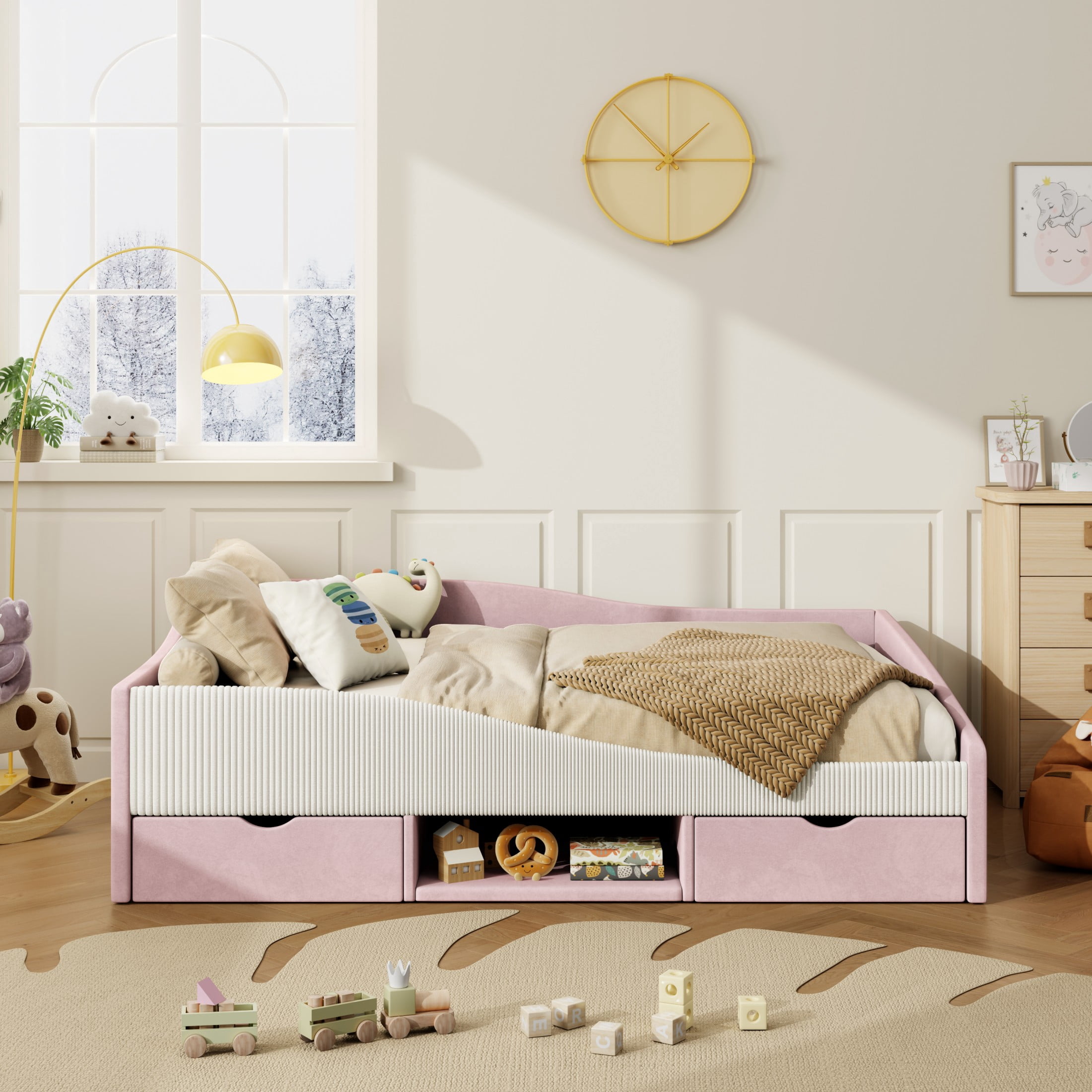 Aukfa Full Size Upholstered Daybed with 2 Storage Drawers, Shelf and Curved Guardrails, Velvet Bed Frame, Pink