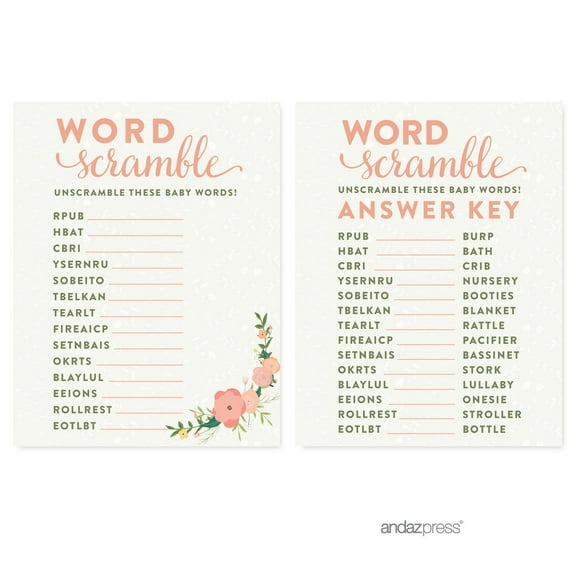 Word Scramble  Floral Roses Girl Baby Shower Games , 20-Pack