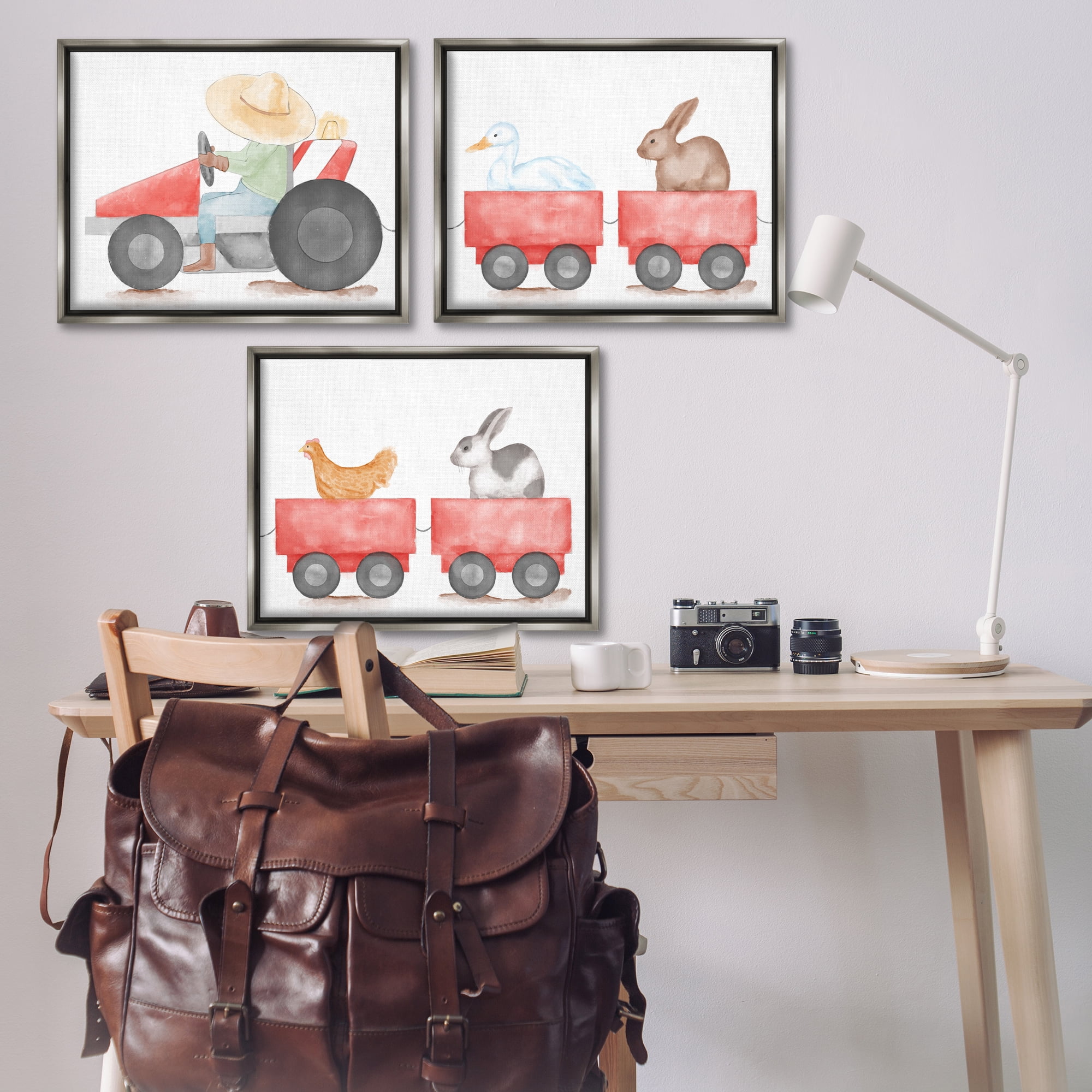 Stupell Industries Farmhouse Tractor Animals Transportation Painting Gray Floater Framed Canvas Art Print Wall Art, 31 x 25, Set of 3