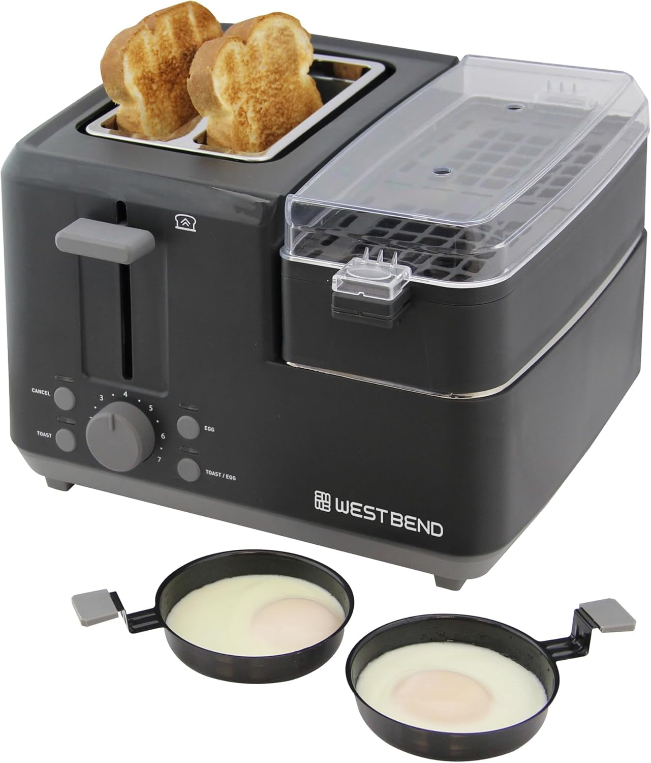 Breakfast Station 2-Slice Toaster and Egg Cooker/Poacher with Removable Pre-Cooked Meat and Vegetable Warming Tray for Perfect Breakfast Sandwiches, 1200-, Black