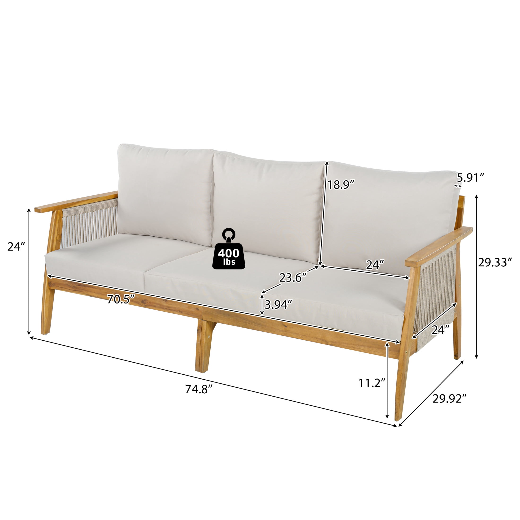 Christopher Knight Home Outdoor Acacia Wood 3-Seater Sofa, Rope Woven Frame with Cushions, Teak+Beige