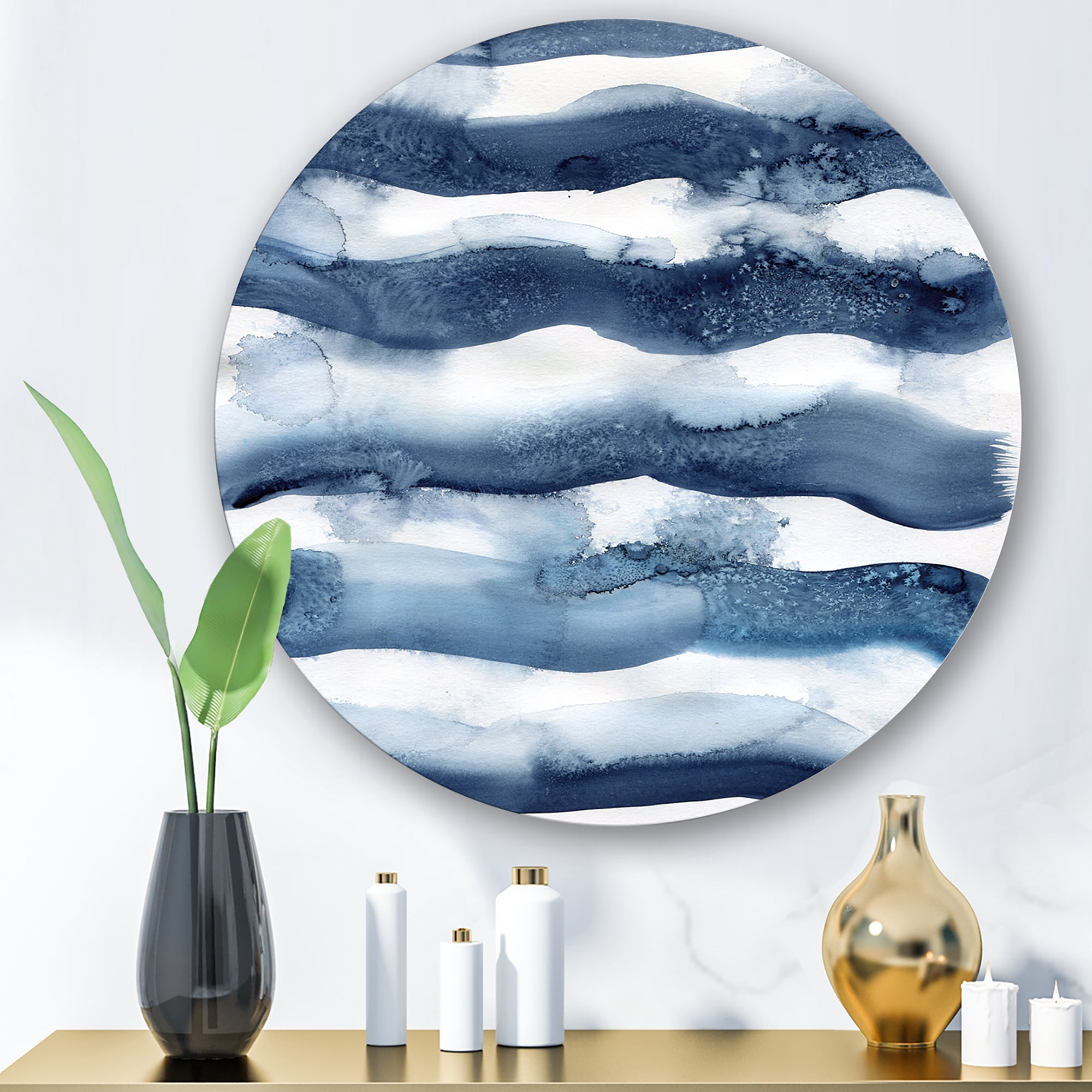 Designart 'Abstract Blue Classic Waves' Modern Circle Metal Wall Art 23x23 - Disc of 23