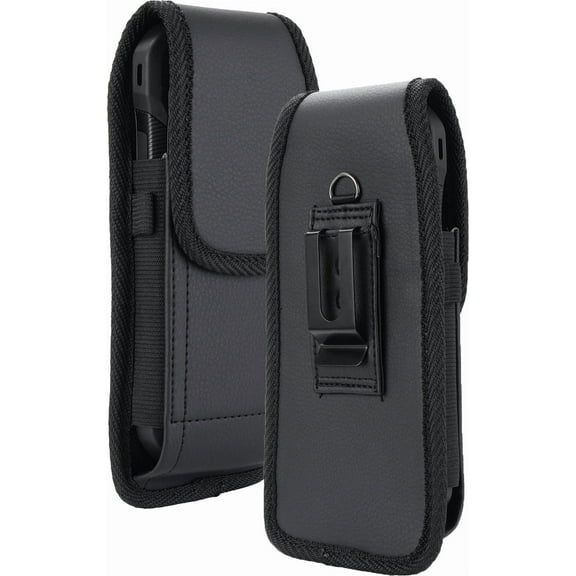 Pouch Case for Sonim XP10 XP9900, Kyocera DuraForce Ultra 5G UW, Nakedcellphone Vegan Leather Vertical Holster Holder Strong Fixed Metal Clip. Magnetic Closure, Secure Belt Harness Sleeve - Black