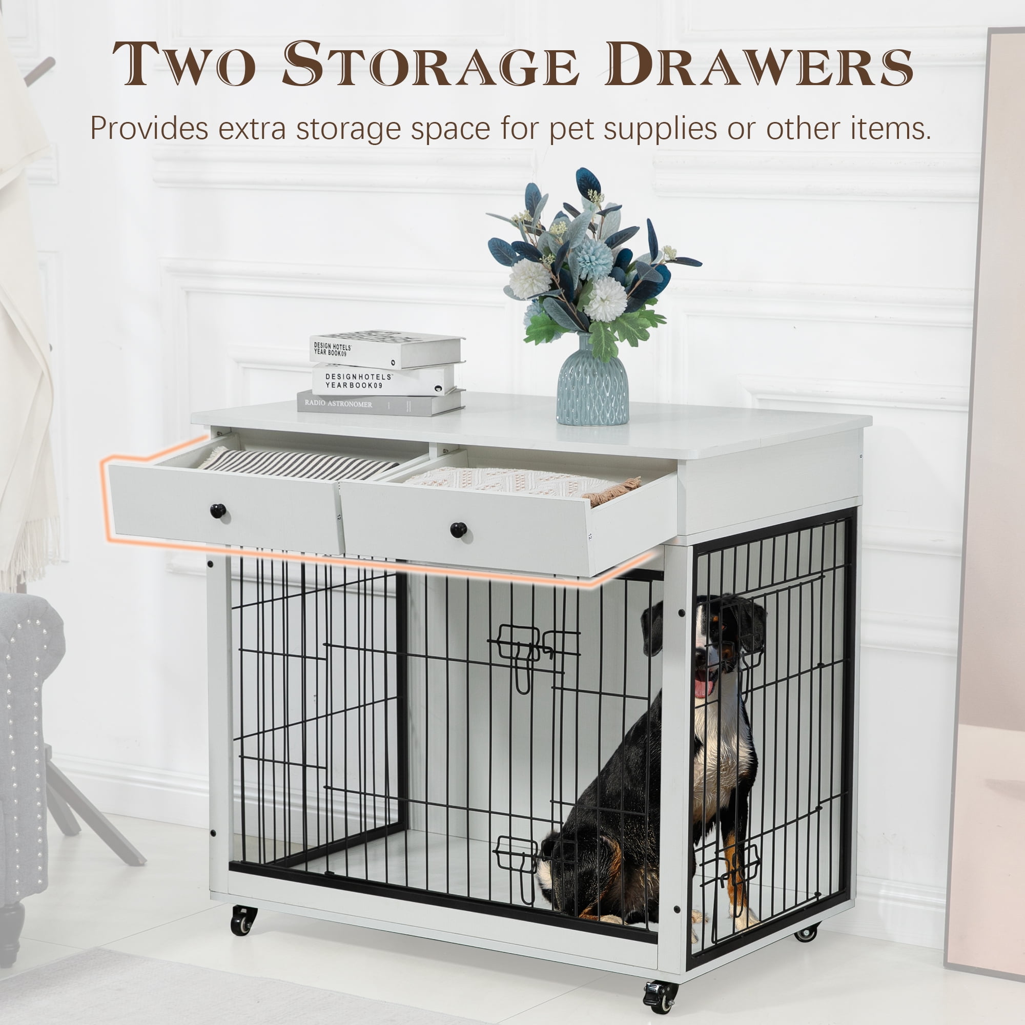 Pefilos 38" Wooden Dog Crate Furniture, Dog Kennel with Drawer, Indoor Dog House for Large Dog, Steel-Wire Dog Cage, Chew-Proof, White Pefilos 38" Wooden Dog Crate Furniture, Dog Kennel with Drawer, Indoor Dog House for Large Dog, Steel-Wire Dog Cage, Chew-Proof, White