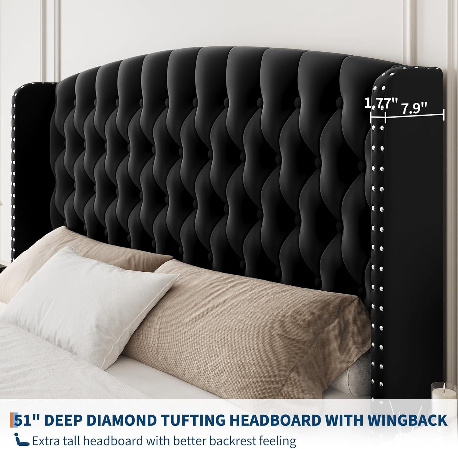 King Size Bed Frame with 51'' Tall Wingback Headboard, Velvet Upholstered Platform Bed Frames with Strong Wood Slats Support, Noise Free, No Box Spring Needed, Easy Assembly, Black