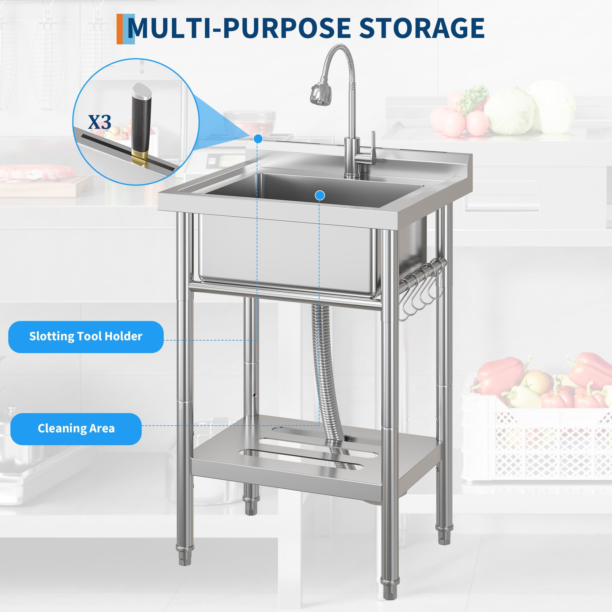 Accreate Freestanding Stainless Steel Utility basin with Faucet – 304 Single Bowl, Adjustable Legs, Storage Shelf, S-Hooks, Hot & Cold Water Pipes – Commercial Prep Kitchen/Laundry/Garage basin