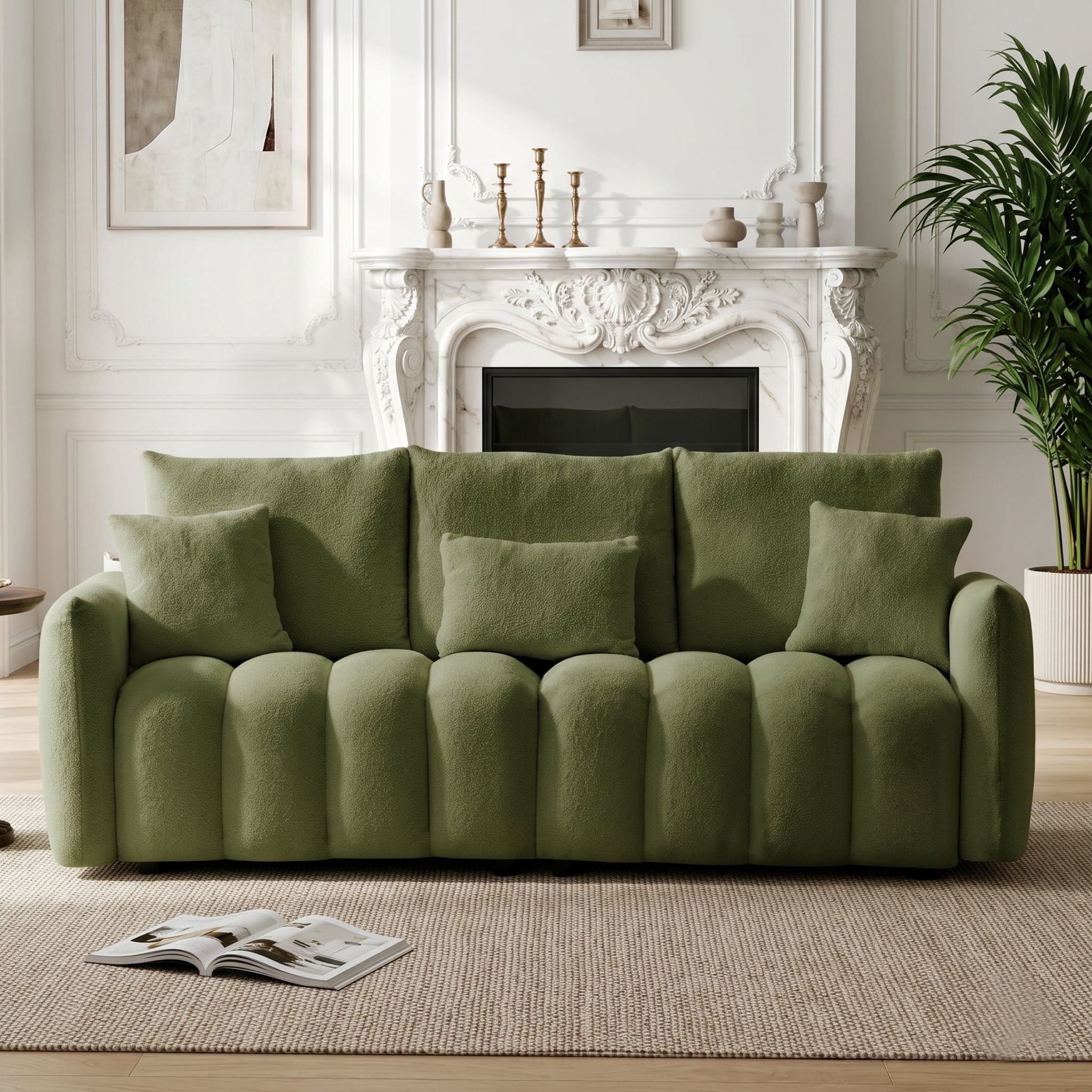 AISWORD Modern Sofa Couch, Comfy Deep Seat Teddy Cloud Sofa, Upholstered 3-Seater Boucle Couch with Pillows, Green