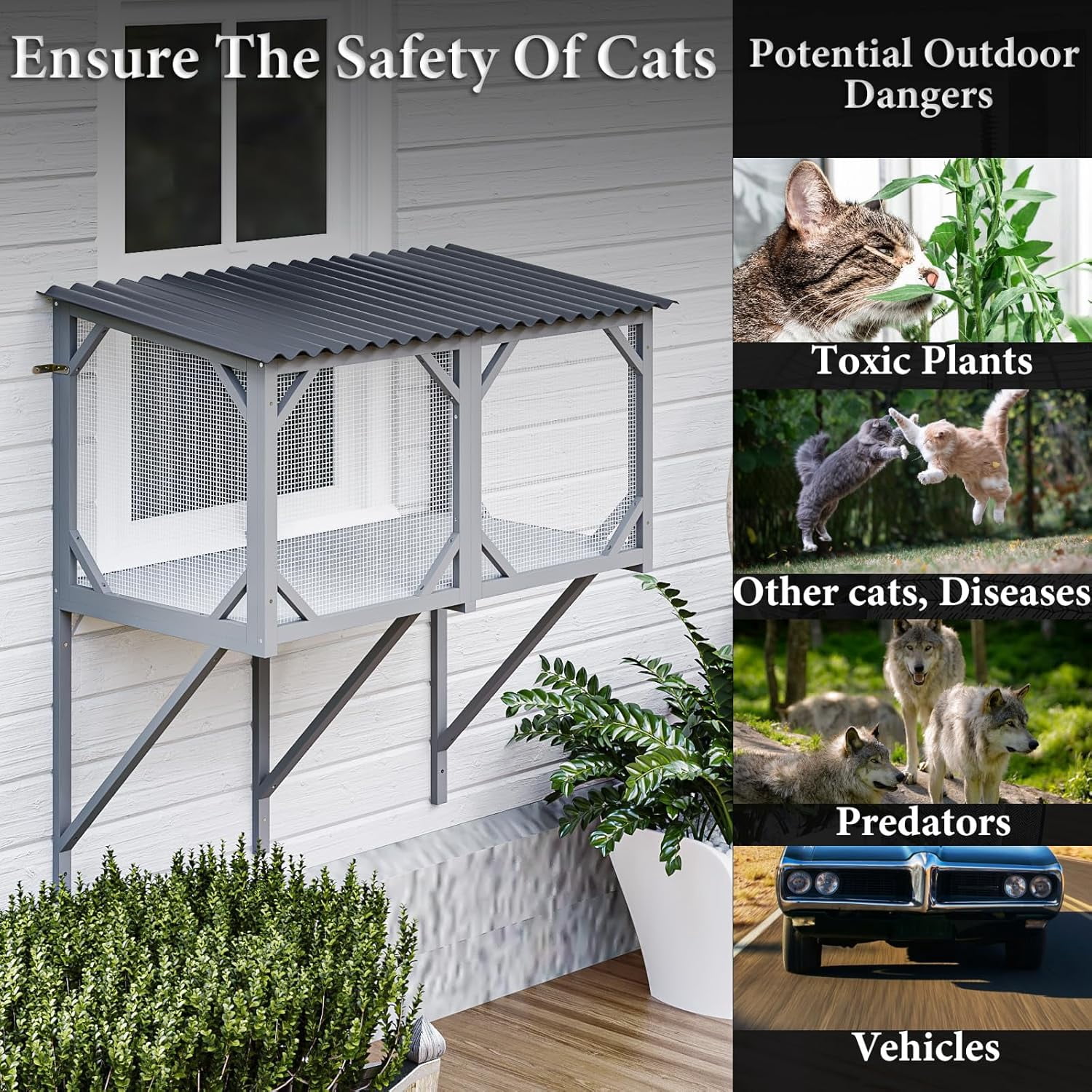 Cat Window Box, 43.3" Catio Outdoor Cat Enclosure for Sunbathing, Napping & Overlooking, Sturdy Window Perch for Large Indoor Cats - All Weather Use, Nature Friendly Design