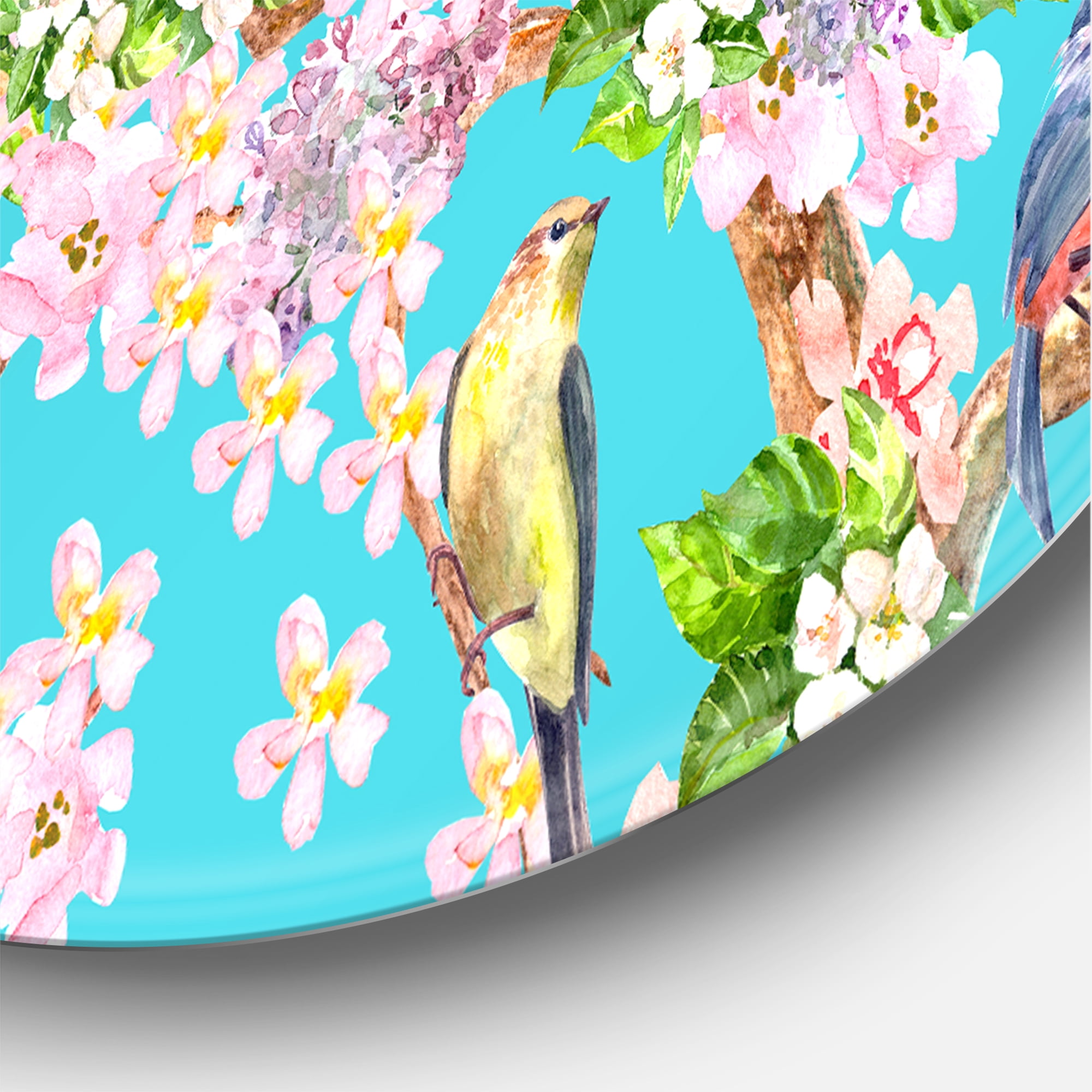 Designart 'Little Birds Sitting On Spring Flow Tree' Traditional Circle Metal Wall Art 36x36 - Disc of 36
