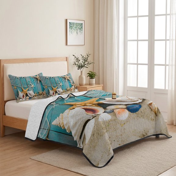 Starfish Nautical Conch Summer Beach 3 Pieces Quilt Set,1 Quilt with 2 Shams,Vintage Blue Wood Grain Bedspread Soft Lightweight Bedding Coverlet Comforter Set for All Season 68"x98"