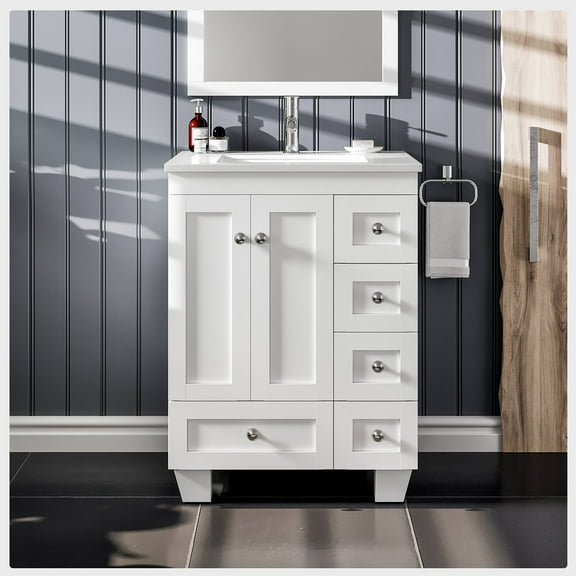 Eviva Acclaim 24" White Transitional Bathroom Vanity w/ White Quartz Top