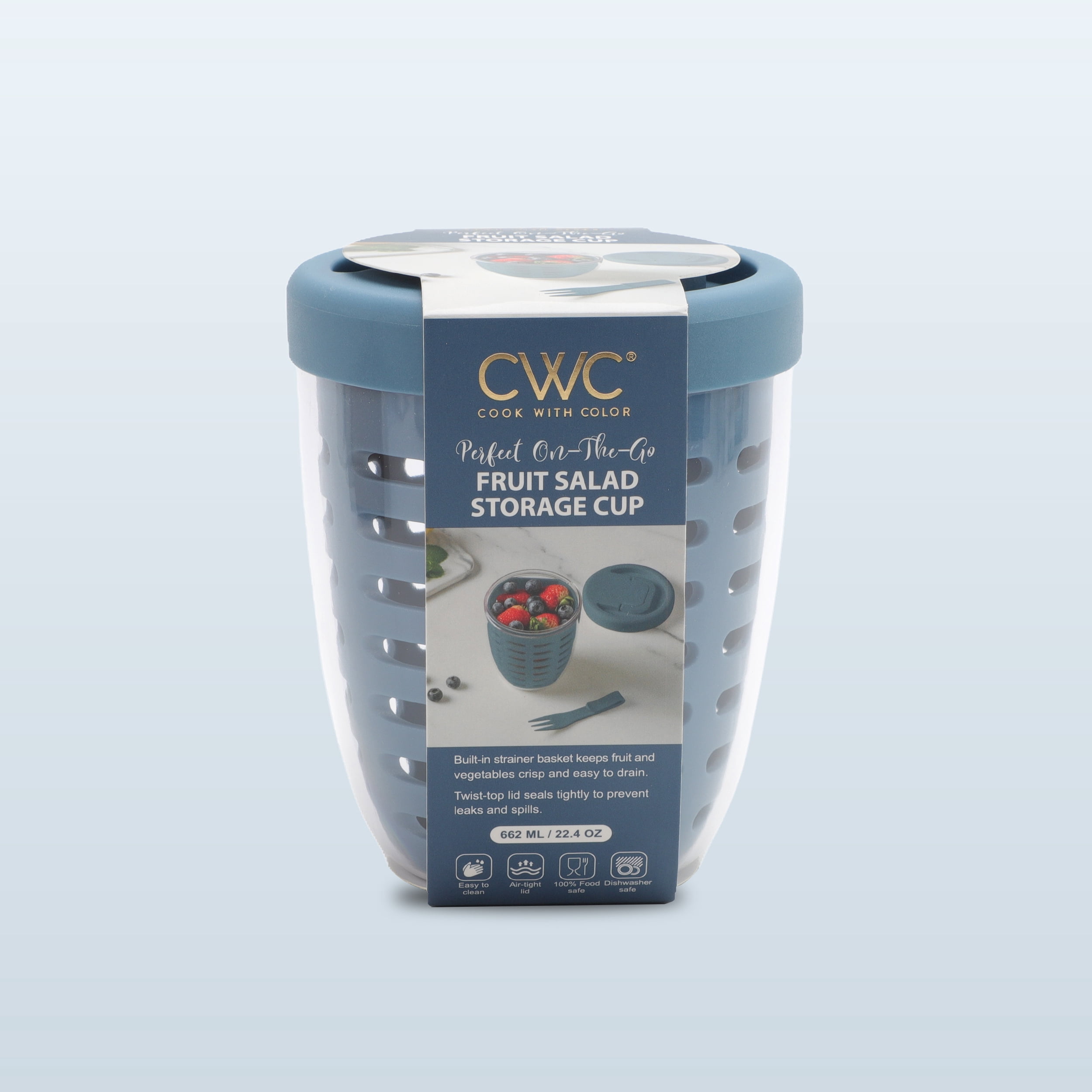Cook with Color Berry Cup with Removable Colander and Fork, BPA-Free, Dishwasher Safe, Blue