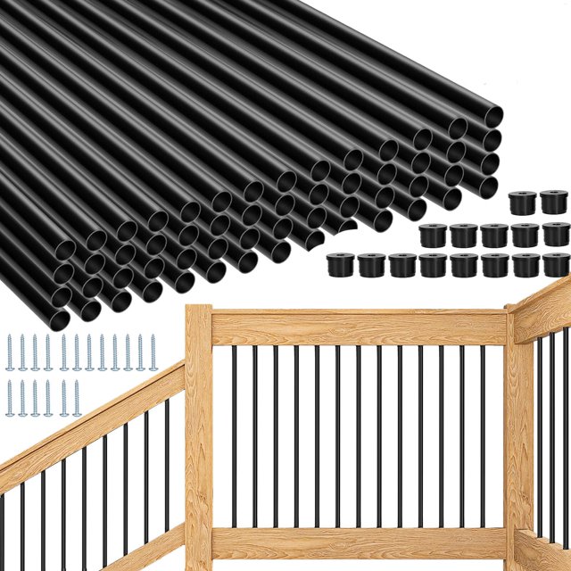 HTWAVE Lot de 101 Balustres de Terrasse en Aluminium de 36 Pouces, Barreaux Ronds Noirs pour Rambarde de Terrasse, Balustres de Terrasse en Métal Creux de 3/4 Pouces de Diamètre avec Vis pour Rambarde, Clôture, Porche, Escalier, Barreaux d'Escalier
