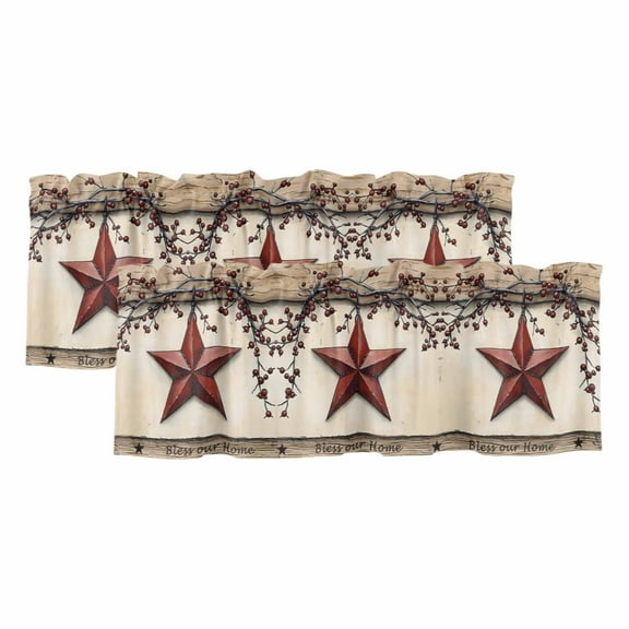 2 Pack Farmhouse American Valance for Window Country Star Berries Vintage Wood Grain Kitchen Valance Rod Pocket Short Curtain Topper Decorative Window Treatment for Living Room Bedroom 42"x12"