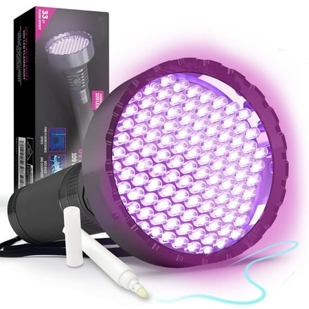 LED Flashlight Blacklight UV 100 with Ultraviolet Ink Marker for Urine Detection Finding Scorpions Dog & Cat Pee - 18 Watt,