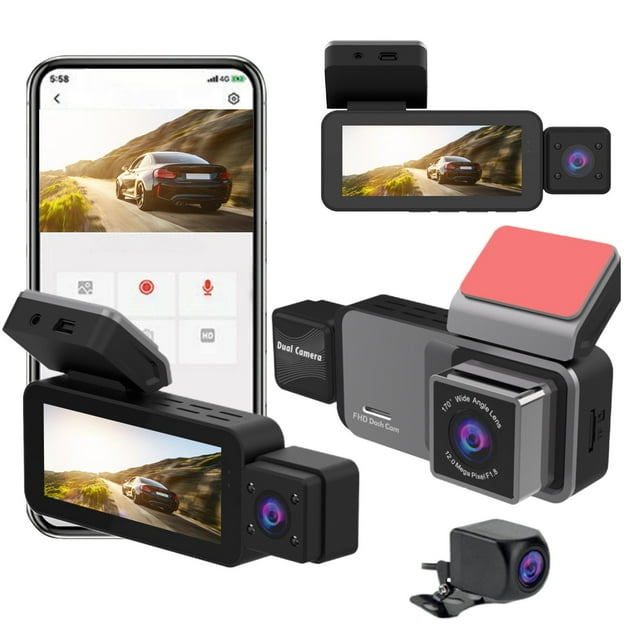 Dash Cam 1080P de 3 lentes, Gran angular de 170° interior delantero trasero, Pantalla de 3,39", WiFi, Grabación en bucle, Monitor de estacionamiento, Grabación 24/7, Detección de movimiento, Fácil